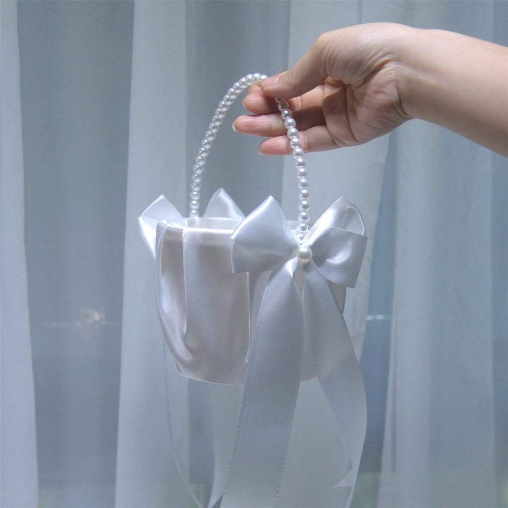 Gardening Tools Girls - Witte satijnen bloemenmandje met strik, parelhandvat